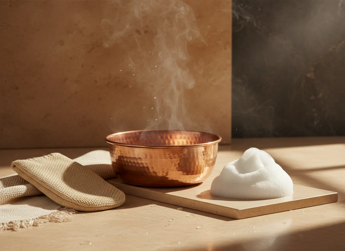 Bakır tas, kese ve köpükten oluşan konsept hamam görseli