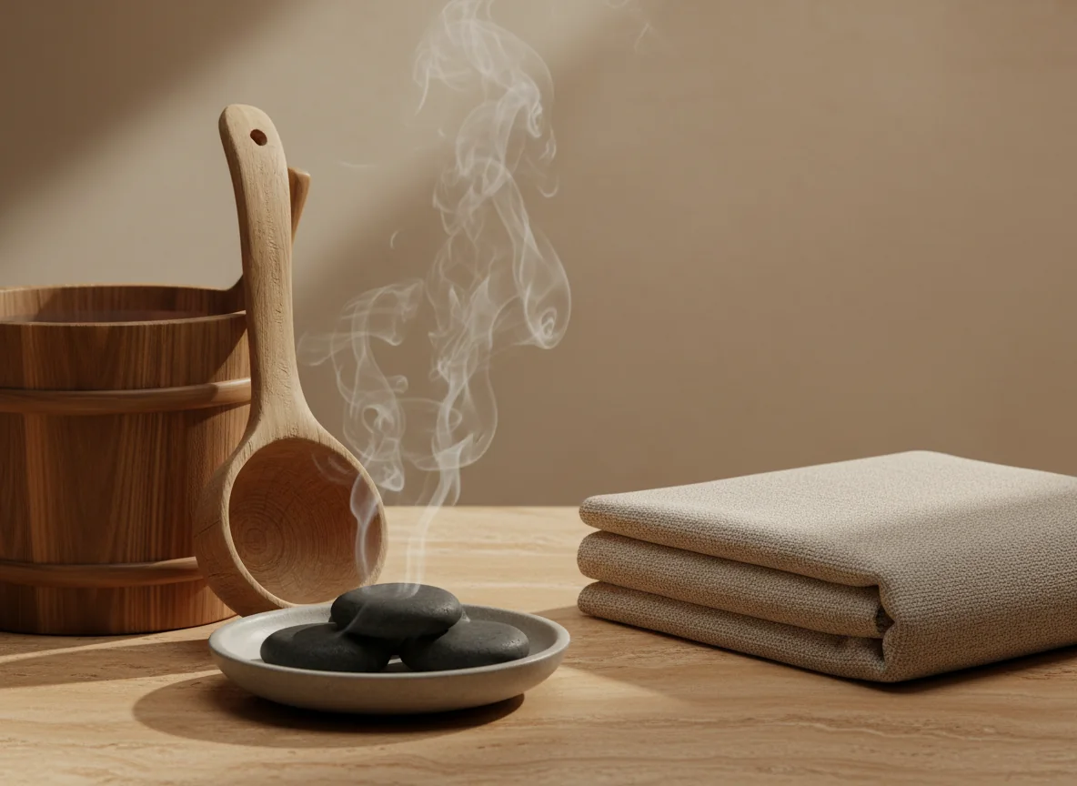 Sauna atmosferini çağrıştıran ahşap kepçe, sıcak taş ve buhar
